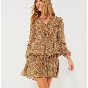 Tuckernuck Hyacinth House Liza Dress Chestnut Floral Long Sleeve Sz S NWT